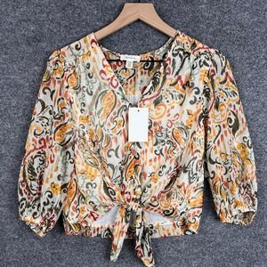 NEW Tamara‎ H. Women XS/TP White Orange Green Red Paisley Tie Front Blouse Top